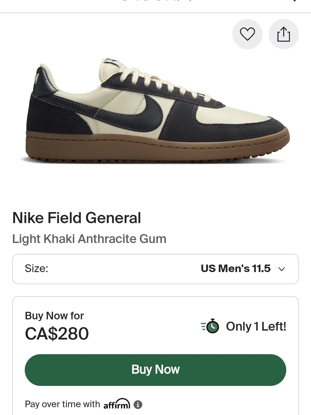 Nike Field General Sneakers - Cream & Black with Gum Sole , Sz M10.5
